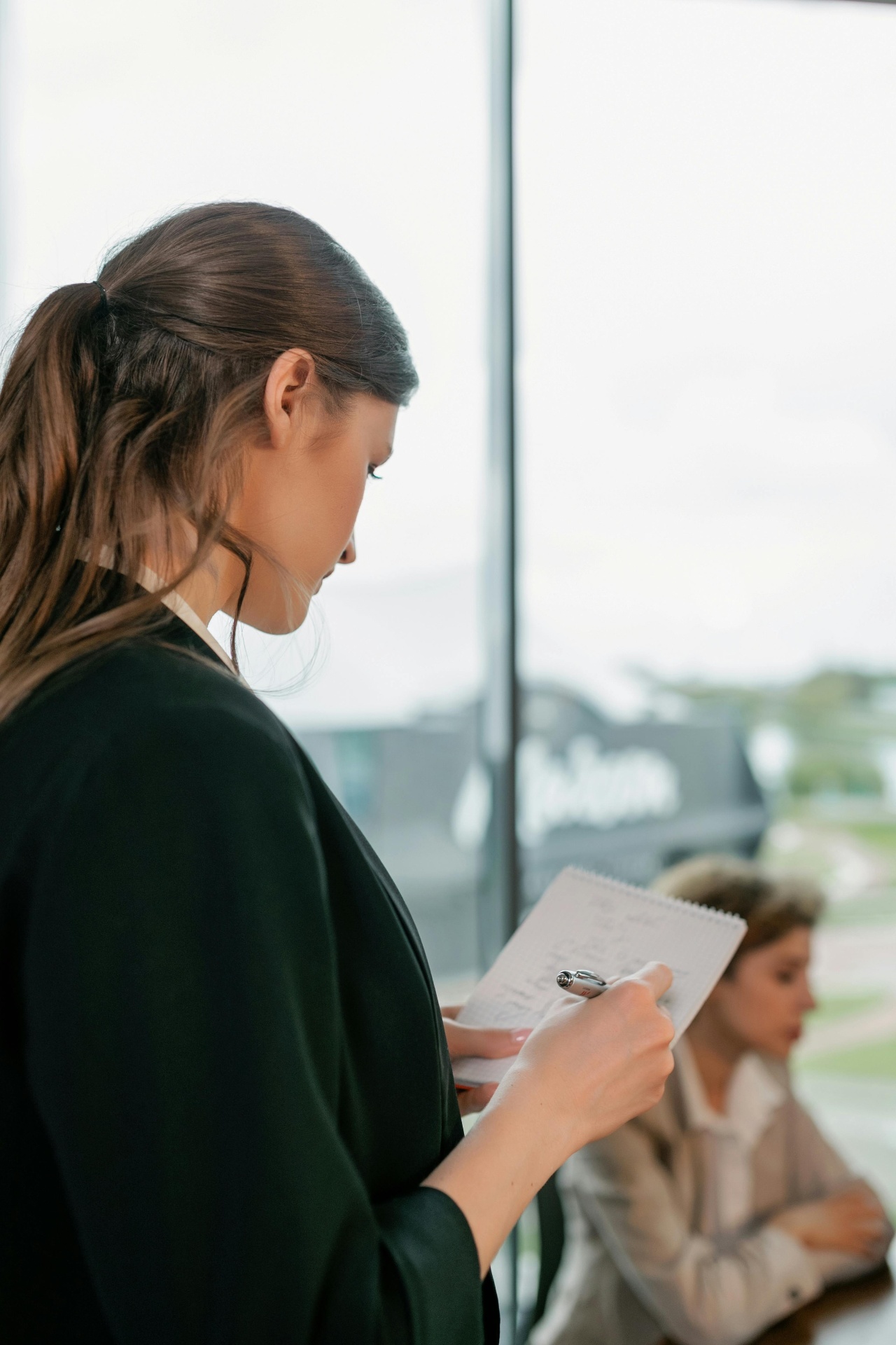 Professional taking meeting notes by a window